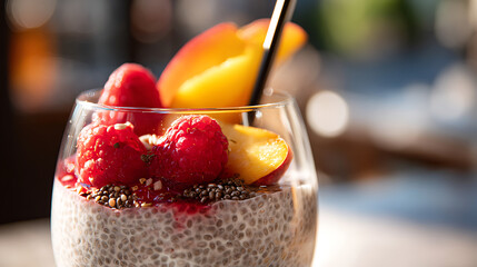 Vibrant raspberries and juicy peach slices atop creamy chia pudding fruit dessert