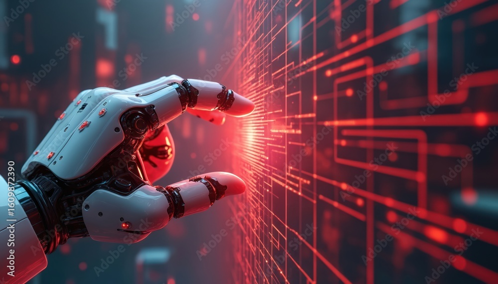 Poster futuristic robotic hand interacts with glowing red grid. advanced technology, innovation, automation
