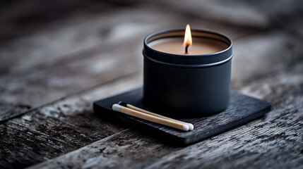 Warm glowing candle with matches on rustic wood surface flame