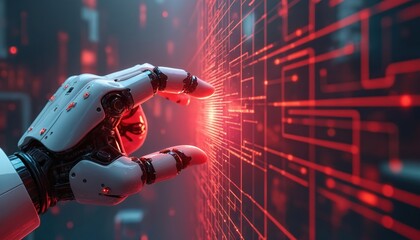Futuristic robotic hand interacts with glowing red grid. Advanced technology, innovation, automation, artificial intelligence symbolize progress. Cybernetic machine explores digital interface for