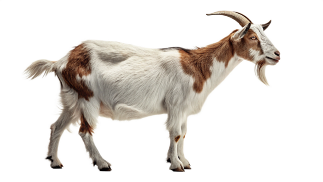 Isolated goat stock photo: white and brown goat standing on black background for design and commercial use