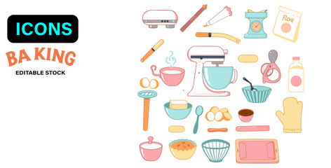 "Flat Cartoon Baking Tools & Ingredients Set – Pastel Clipart"