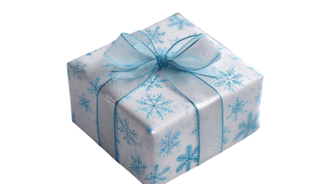 Wrapped gift with icy blue snowflake wrapping paper and frosty ribbon, cold weather party box, transparent background 