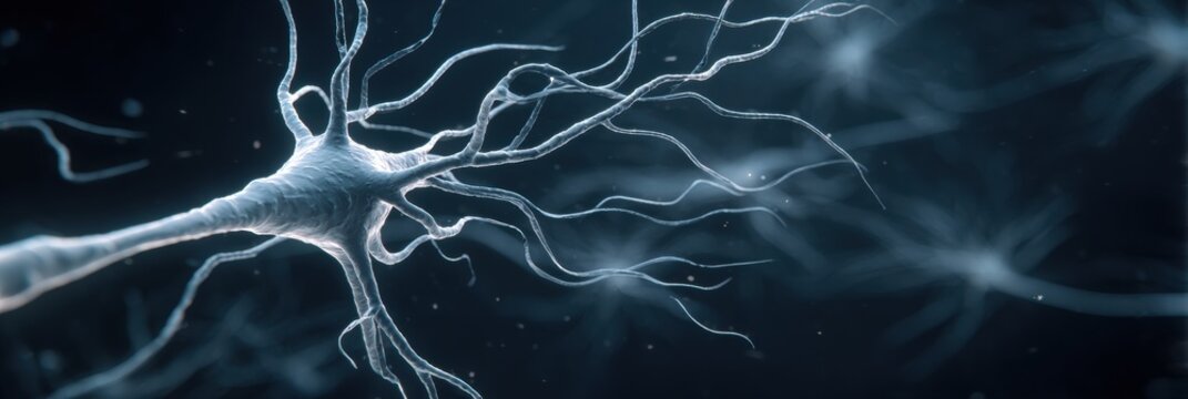 3D Neuron Model Floating in Dark Space Showcasing Intricate Details and Connections of Nerve Cells in a Scientific Representation