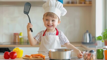 Preschool boy wearing chef hat and apron, smiling and holding spatula in kitchen with colorful vegetables and cooking pot. Joyful culinary exploration.