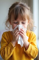 Little girl with blond hair in yellow sweater blows her nose with white tissue. Sick child in home environment has cold, flu, or allergies. Focus on hygiene, health, and caring for children.