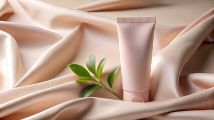Elegant pink cosmetic tube with green leaves on silky fabric background