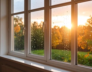 Autumn sunset through a window