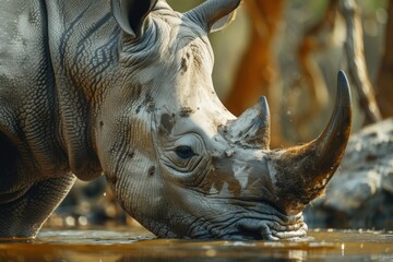 Fototapeta premium Mother and baby rhino getting ready to drink