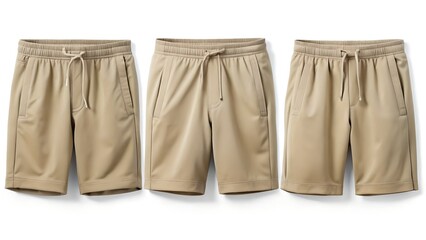 Three pairs of beige athletic shorts with drawstring on a white background