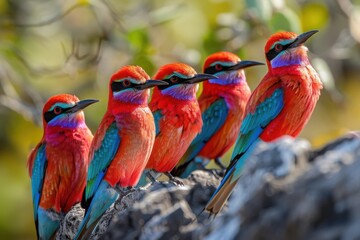 Red birds. Colorful Southern Carmine bee-eater, Merops nubicoides, colony of red and blue winged african birds on the bank of Zambezi river.
