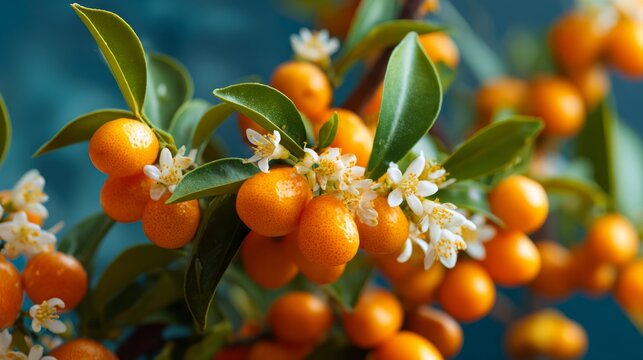 Close-up of fresh kumquat branches (c&acirc;y quất) bearing dense clusters of bright orange fruit, glossy leaves, and tiny white blossoms.