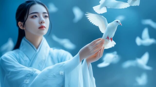 Young woman in traditional white hanfu gently holding white dove, surrounded by flying doves against soft blue background. Serene expression, delicate hand gesture. Soft focus, dreamlike atmosphere.