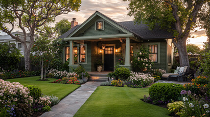 Charming Green Craftsman Home with Lush Garden and Stone Pathway at Sunset
