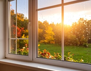Autumn window view with rain