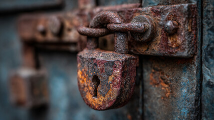 Rusty Padlock on an Old Metal Door
