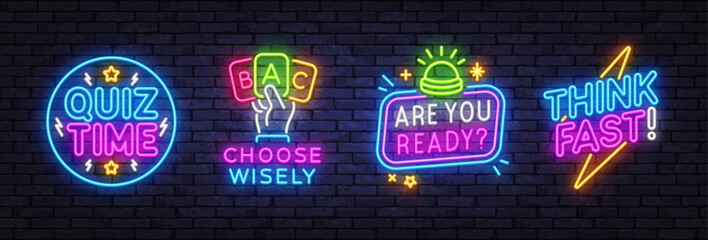 Vibrant neon signs with playful quiz phrases. Quiz Time, Choose Wisely, Are You Ready, Think Fast. Bright game-themed vector illustrations on a brick wall
