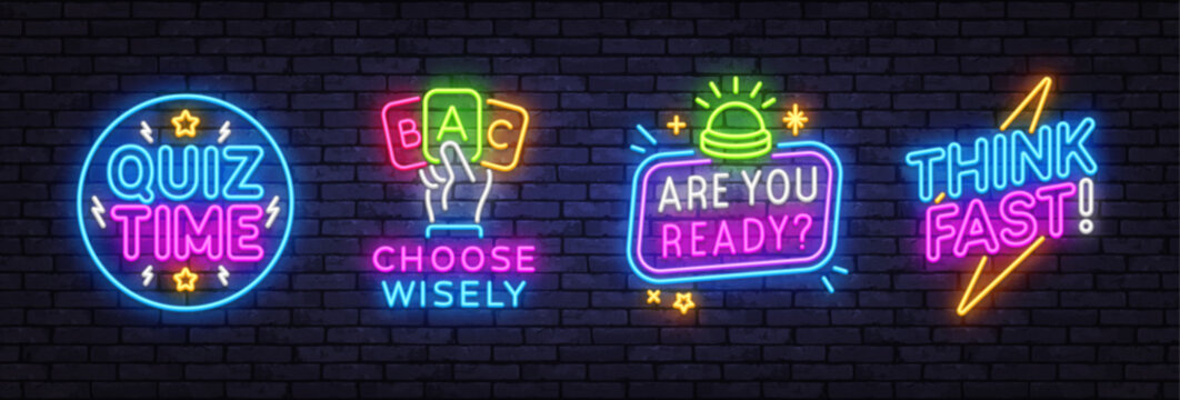 Vibrant neon signs with playful quiz phrases. Quiz Time, Choose Wisely, Are You Ready, Think Fast. Bright game-themed vector illustrations on a brick wall