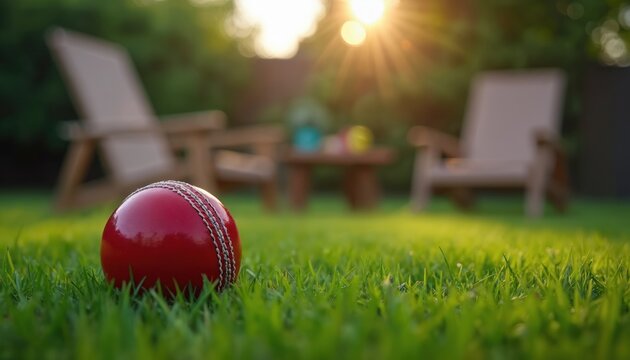 Vibrant red cricket ball rests on rich green grass in backyard. Soft evening lights illuminate blurred outdoor furniture. Sun flares create warm, cozy atmosphere for relaxed summer game.