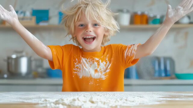 Excited blond boy throwing flour in kitchen, creating messy white cloud while laughing. Playful cooking moment with dynamic flour splash.