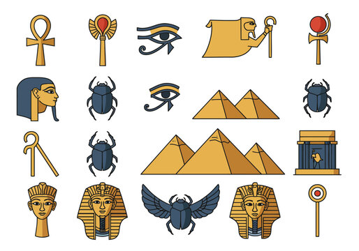 Collection of Ancient Egyptian Hieroglyphs and Symbols Including Pharaohs Pyramids Scarabs and Eye of Horus Represents Culture History and Mythology