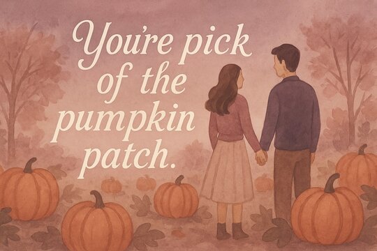 Watercolor illustration of a couple holding hands in a pumpkin patch under the elegant script “You’re pick of the pumpkin patch,” evoking romantic autumn charm.
 - Powered by Adobe