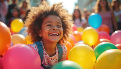 Joyful child with afro hair smiles surrounded by colorful balloons at festival celebrating neurodiversity, autism awareness. Families, community members share positive atmosphere, togetherness,