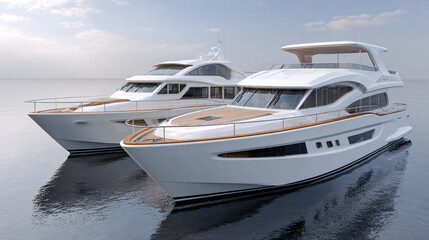 Luxury yachts docked in calm water showcasing modern design and elegance