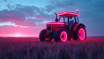 Fototapeta premium Futuristic tractor with neon pink, blue lights in field at dusk. Powerful machinery represents agricultural progress, efficiency, automation in farming. Glowing wheels, illuminated body suggest