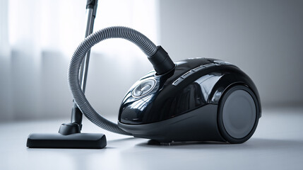 Modern Black Canister Vacuum Cleaner on a Light Gray Surface Close Up