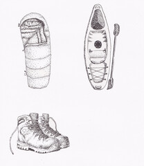 Pen and ink illustration of some outdoor equipment, a sleeping bag, kayak, and hiking boots