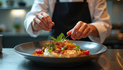 Chef meticulously places final touches on gourmet dish. Modern kitchen setting. Culinary art with focus on detail, colors, textures and balance. High-end restaurant plating.