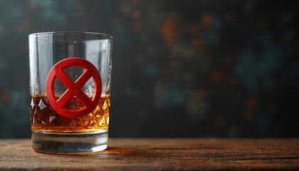 Glass of amber whiskey with red prohibition sign on dark textured background. Symbolizes alcohol awareness, safe drinking, and abstinence. Perfect for campaigns promoting health, responsible choices.