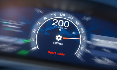 A car dashboard driving 200 kilometers per hour, selective focus