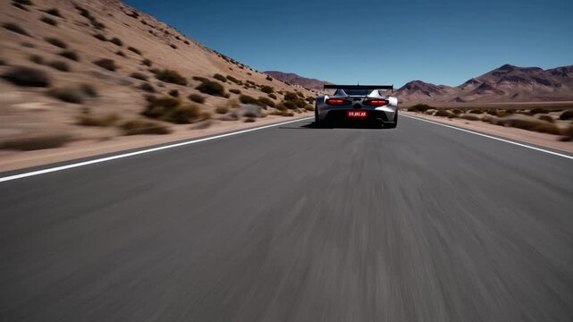 High-speed supercar driving through desert landscape under clear blue sky