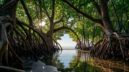 A wide, dramatic shot of a vast mangrove forest where the unique trees meet the ocean, showcasing the ecosystem's role as a crucial coastal barrier.