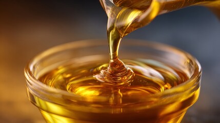 Close-up of golden olive oil poured into a clear glass cruet, with light passing through to highlight its clarity and viscosity.