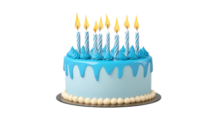 A delicious and beautiful blue birthday cake with candles 3d render icon isolate on white background 