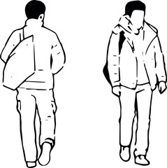 Rear and Front Views of Walking People in Winter Jackets with Bags