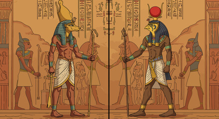 Ancient Egyptian Deities Anubis and Horus Standing in a Hieroglyphic Chamber Holding Scepters with Attendants in the Background Symbolizing Mythology and History