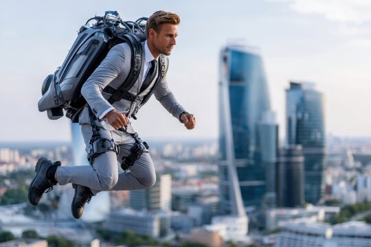 Man in suit using jetpack soars over modern city skyline during daytime