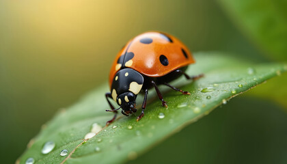Fototapeta premium Macro view of ladybug on green leaf with water droplets. Tiny orange insect with black spots. Focus on reproduction, life cycle, protection of eggs in natural environment.