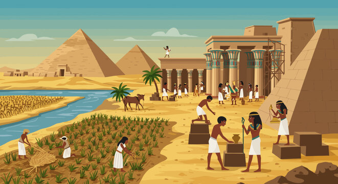 Ancient Egyptian Civilization Thriving Along the Nile River Amidst Monumental Architecture and Agricultural Activities Showcasing Daily Life and Societal Progress