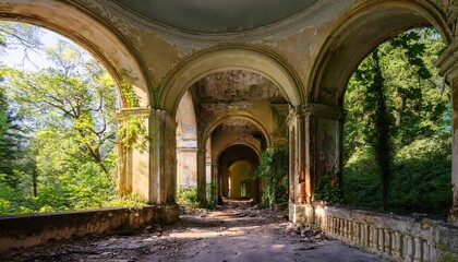 Fototapeta premium crumbling walls and arched doorways mark the decaying grandeur of sanatorium gelati a forgotten soviet era spa resort in georgia now overtaken by nature and bearing the scars of time