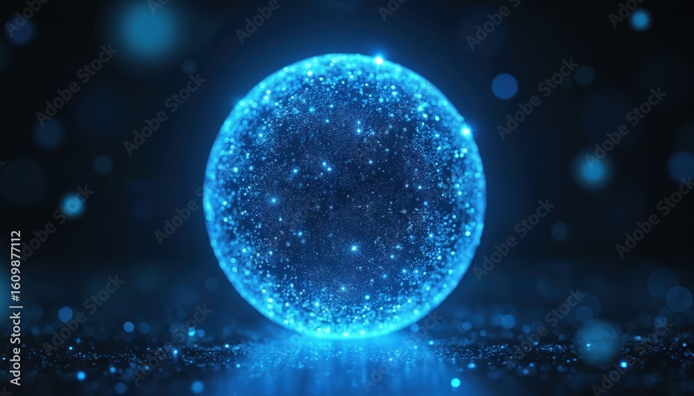 Poster glowing blue sphere representing advanced ai and quantum computing technology. futuristic abstract v