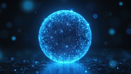 Glowing blue sphere representing advanced AI and quantum computing technology. Futuristic abstract visualization of cosmic network, cybernetic computation, and digital algorithms on a dark background.