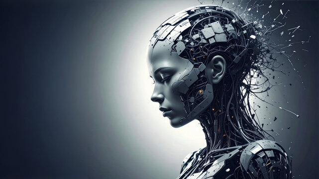 Striking profile view of a female cyborg head with intricate mechanical details and glowing elements. Conveys artificial intelligence, technology, future, and robotics.