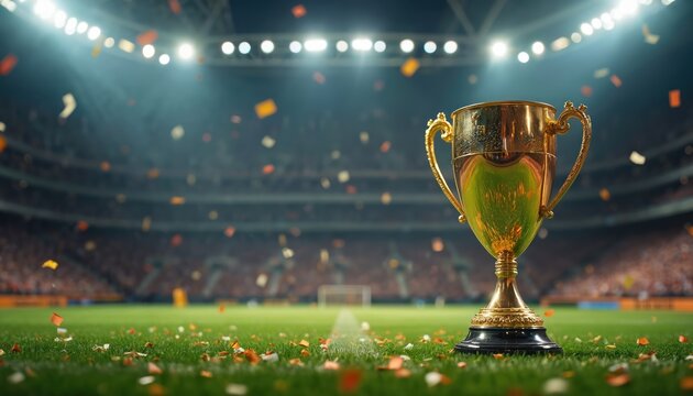 Golden trophy on green stadium field with confetti. Cheering crowd in background. Symbolizes success, victory, championship in sports competition, achievement, winning excitement. - Powered by Adobe