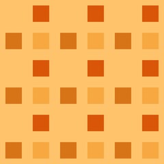 A geometric pattern features an arrangement of uniformly spaced squares in varying shades of orange and brown set against a muted background. The design exhibits a sense of order and repetition.