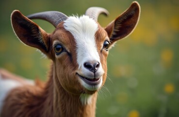 Playful goat portrait with brown white fur and horns. Closeup of a cute mammal with a happy expression, green grass background. Adorable farm animal, wildlife, domestic pet, countryside mammal.